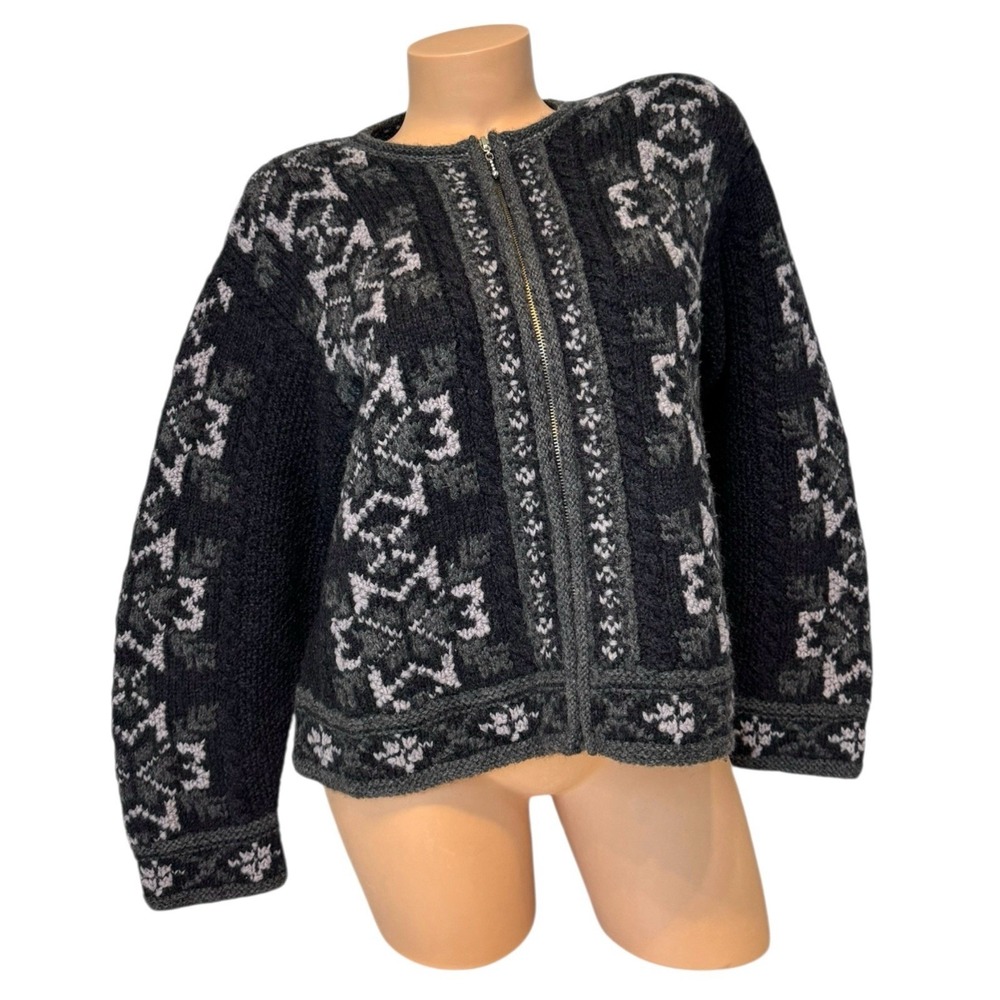 Herman Geist Women's Sz LARGE PETITE Black‎ Gray Wool Zip Front Sweater Crewneck